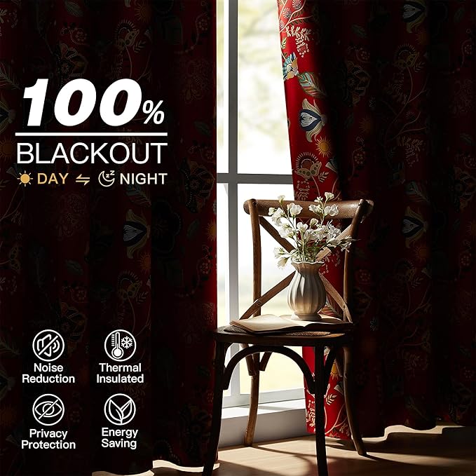 XiDi Red Floral Curtains 108 Inches Long 2 Panels 100% Blackout Vintage Botanical Leaf Patterned Curtains for Living Dining Room Thermal Insulated Room Darkening Luxury Colorful Drapes Grommet 52x108