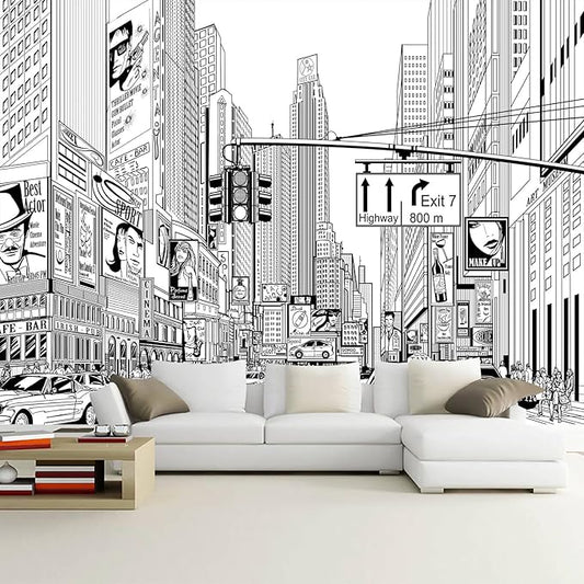 WFBHUA-Black and White City Wallpaper Peel and Stick New York Landscape Self Adhesive Wall Mural for Living Room Bathroom Bedroom 82"x57"