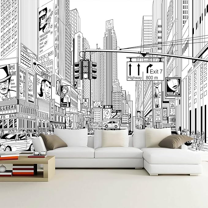 WFBHUA-Black and White City Wallpaper Peel and Stick New York Landscape Self Adhesive Wall Mural for Living Room Bathroom Bedroom 137"x100"