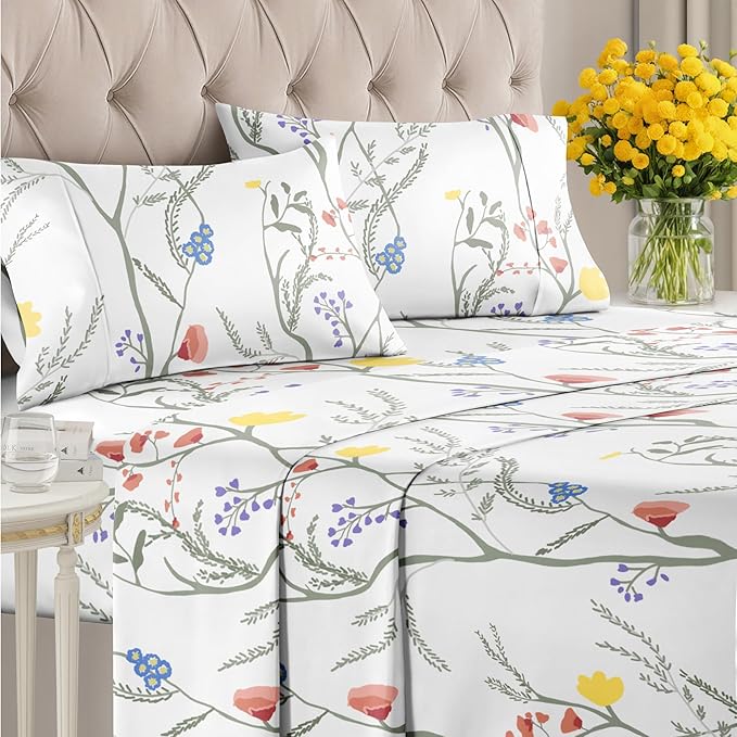 Floral Sheets - Boho Full Bed Sheet Set - 1 Flat, 1 Fitted & 2 Pillowcases w/ Deep Pockets - Comfy, Wrinkle & Fade Free - Boho Botanical Bedding - Ultra-Soft, Breathable and Cooling - Full Size Set