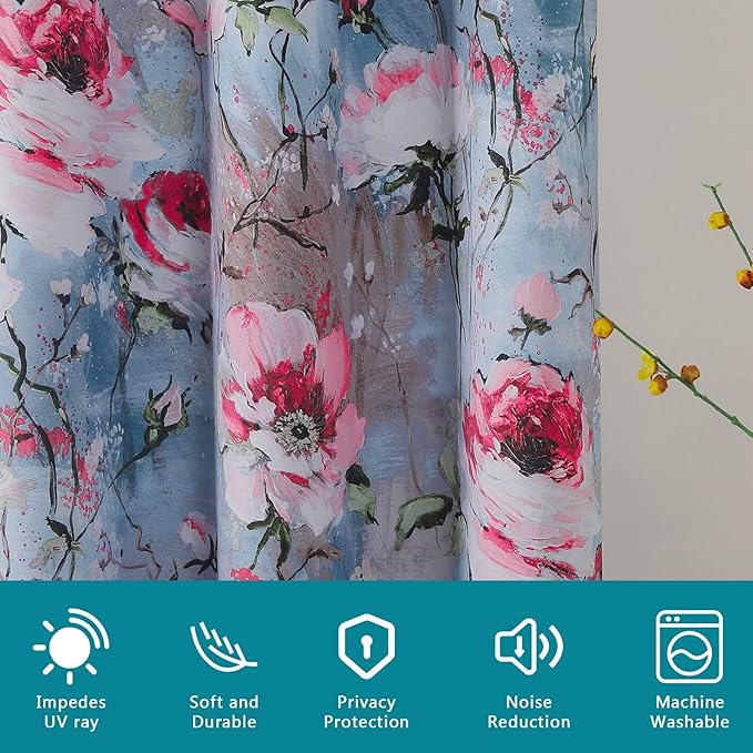 MYSKY HOME Vintage Curtains for Living Room, Floral Printed Thermal Insulated Drapes Panels with Grommet, 2 Panels, 52W x 95L Inch, Grey & Yellow
