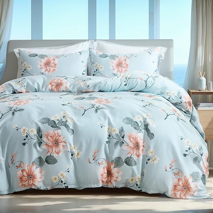 Blue Floral Duvet Cover King Size 100% Soft Cotton 3 Pieces French Country Chic Garden Style Luxury Blossom Floral Vibrant Pattern Reversible Flower Duvet Cover with Zipper Closure