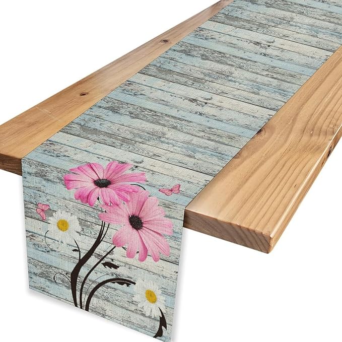 Farmhouse Table Runner, Abstract Daisy Flower Rustic Old Wood Farmhouse Print Table Runner for Home Indoor Outdoor Party Wedding Decor 13x72 inch