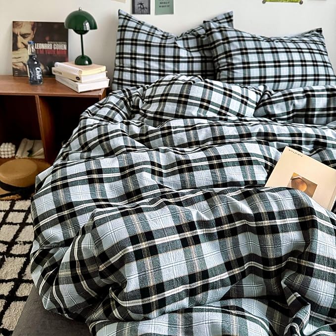 LifeTB 3 Pieces Plaid Comforter Set Full Size, Soft Fluffy Vintage Plaid Checkered Comforter with 2 Pillowcases, Lightweight Breathable Grey Black Gingham Bedding Comforter Farmhouse Grid Bedding Set