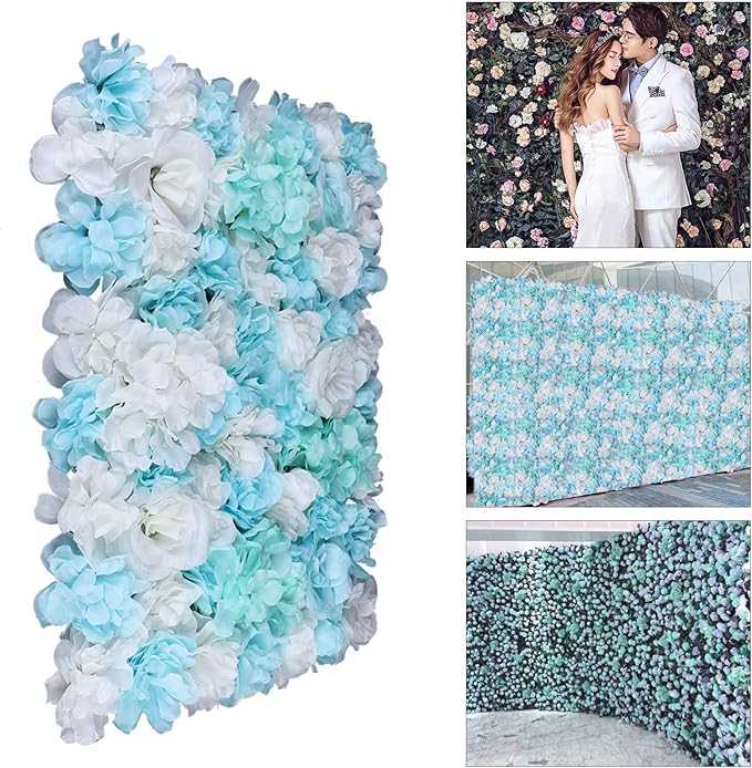12PCS Flower Wall Panels, 3D Silk Floral Wall Backdrop, Realistic Blue Rose Hydrangea Flower Backplanes, Roll Up Fake Flower Background for Valentines Wedding Party Home Decoration