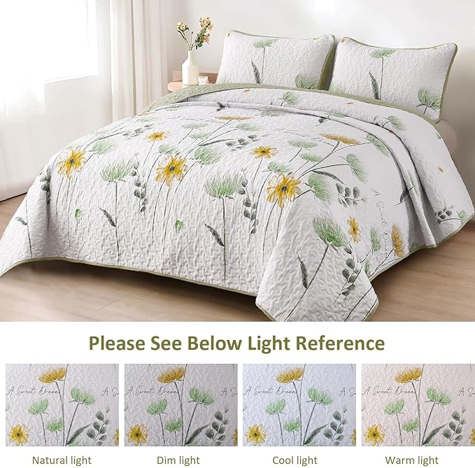 Dinjoy Floral Quilt Set Queen,Green Yellow Bedspread Queen Size 3 Pieces Sage Green Bedding Set Summer Fall Quilts Soft Flower Bedspreads White Coverlet Sets for All Season