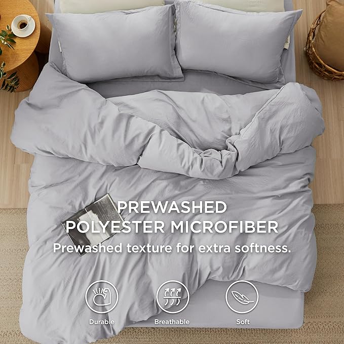 Bedsure Duvet Cover Queen Size with Fitted Sheet - 4 Pieces Prewashed Cotton-Like Extra Soft Bedding Set, Includes 1 Duvet Cover 90x90 Inches, 2 Pillow Shams, 1 Fitted Sheet, Light Grey