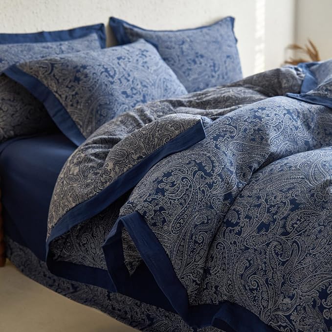 Navy Blue Paisley Floral Duvet Cover Queen Premium Yarn-Dyed Cotton Linen Duvet Cover Elegant Jacquard Boho Bedding Set Queen Vintage Paisley Flower Duvet Cover Cozy Breathable Floral Bedding Set