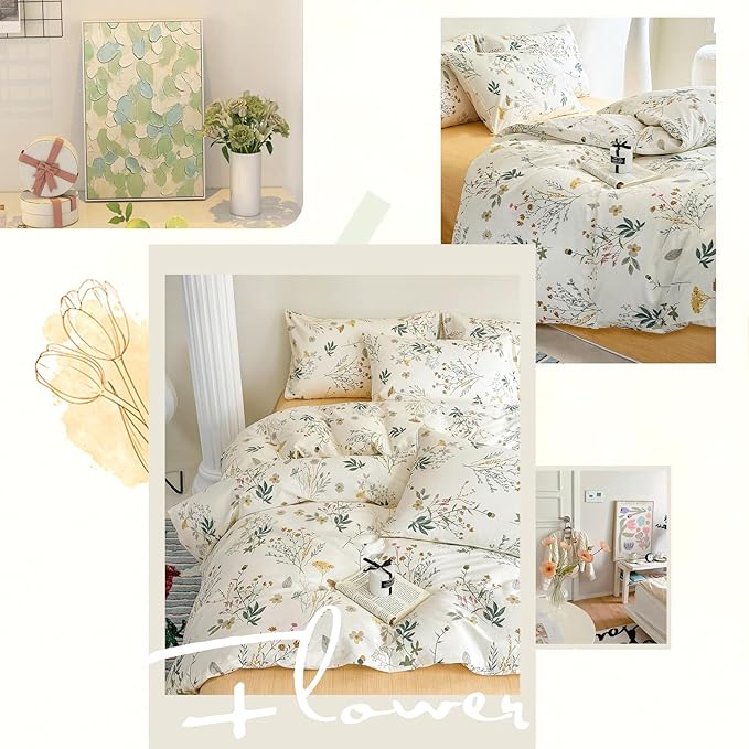 HighBuy Floral Duvet Cover Twin 100% Cotton Girls Yellow Floral Botanical Coquette Bedding Comforter Cover with Zipper Chic Cottagecore Twin Bed Duvet Cover Set 3 Pieces,Lightweight,Breathable