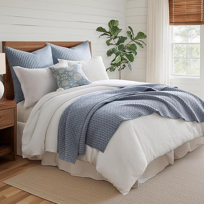 Levtex Home - Cross Stitch Chambray Quilt Set - Twin Quilt + One Standard Pillow Sham - Cross Stitched Pattern - Quilt Size (68x86in.) and Pillow Sham Size (26x20in.) - Reversible - Cotton Fabric