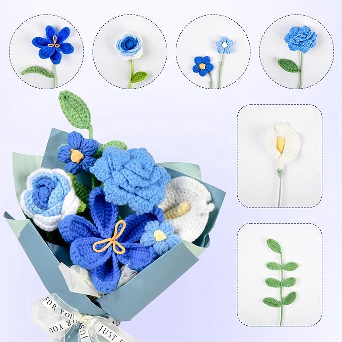 Crochet Flower Bouquet Blue Rose, Handmade Crochet Flowers Knitted Bouquet for Birthday, Wedding, Anniversary, Graduation Gift for Her, Girlfriend, Wife, Womeng (Blue)