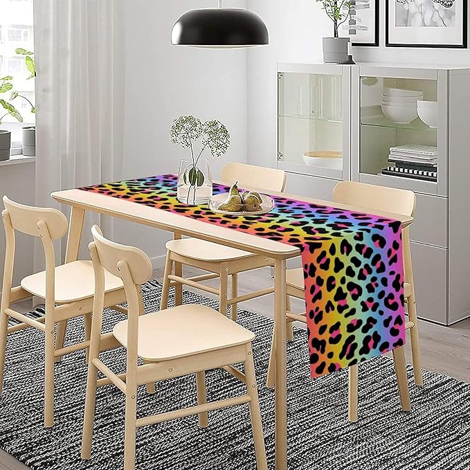 Rainbow Leopard Skin Print Table Runner, Wildlife Colorful Neon Cheetah Dots Dinner Runner Table Decoration for Farmhouse Home Kitchen Dining Table Party Holiday Decor 13x60in