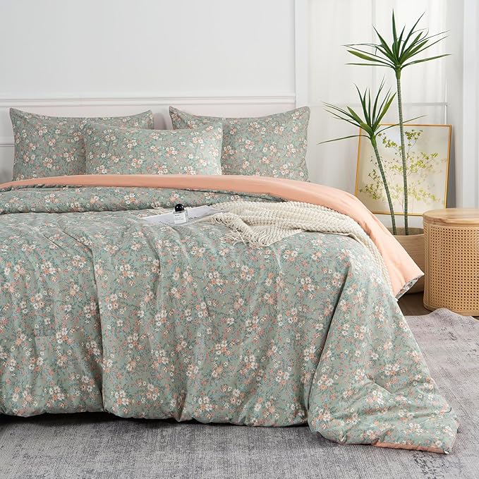 Floral Queen Comforter Set 3 Pieces Soft Chic Garden Style Vintage Floral Print Lightweight Botanical Flower Comforter Set for All Seasons 1 Comforter and 2 Pillowcases (Queen)
