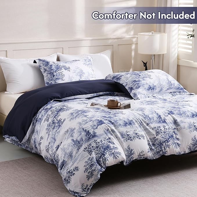 LONAVA Queen Botaincal 3 Pcs Duvet Cover Set, Breathable Soft Microfiber Navy Lining Comforter Cover with Zipper Closure, and 2 Anti-Pilling, Fade Resistant Pillowcases, Blue Forest