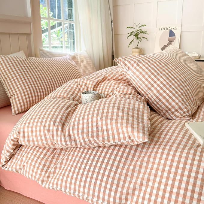 LifeTB Pink Gingham Comforter Set Twin XL Modern Style Pink Plaid Comforter Set Soft Fluffy 3 Pieces Grid Checkered Pattern Comforter with 2 Pillowcases Farmhouse Gingham Bedding Set Twin XL