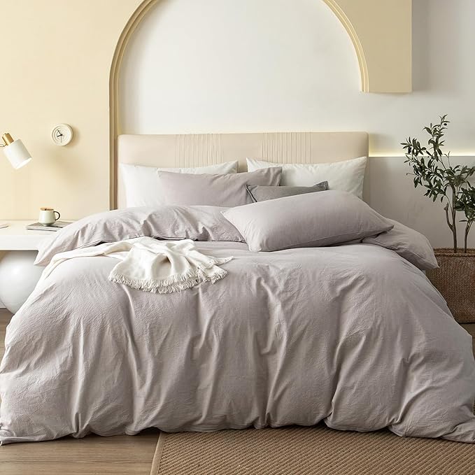 JIYUAN 100% Washed Cotton Duvet Cover Set 3 Pieces Queen, 1 Duvet Cover 90x90 Inches(Comforter Not Included) and 2 Pillowcases,Linen Feel Bedding Set Comfy and Breathable, Heathered Linen