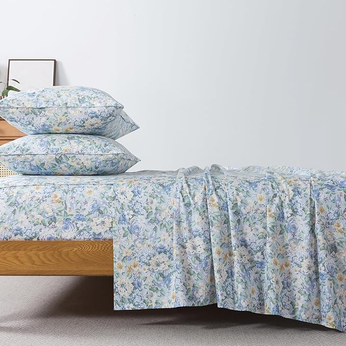 FADFAY 100% Cotton Twin Bed Sheet Set, 4 Piece Blue Yellow Rose Floral Bedding, Soft Breathable Cooling Sheets with Deep Pocket Fitted Sheet, Flat Sheet & 2 Pillowcases, All Season Floral Bedding