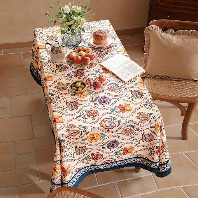 Vintage French Small Square Tablecloth,Linen Durable Tablecloth with Rose and Cornflower Pattern,Decorative Table Cover for Kitchen,Dining,Thanksgiving,Living Room,55" × 55"-Lanae