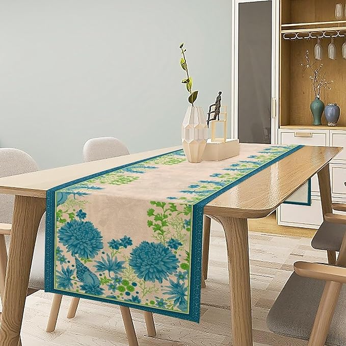 Vintage Floral Table Runner, Elegant Blue Flowers Nature Design Table Runner for Kitchen Dining Holiday Party Home Decoration, 13x90 Inch