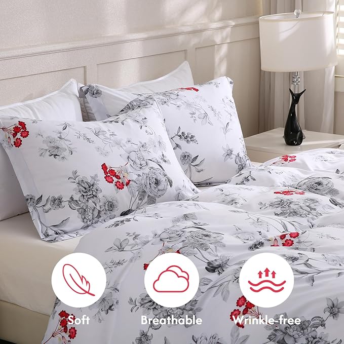 LONAVA Queen Flower 3 Pcs Duvet Cover Set, Breathable Soft Microfiber White Lining Comforter Cover with Zipper Closure, and 2 Anti-Pilling, Fade Resistant Pillowcases, Gothic Rose