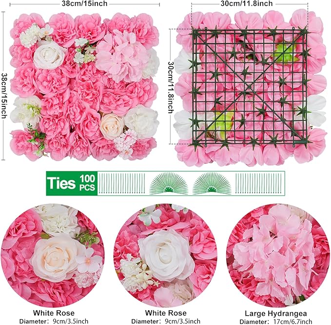 Artificial Flower Wall Panels - 12-Piece Set of 15x15 Inch Silk Roses Floral Backdrop Ideal for Wedding Celebrations, Festive Party Background and Elegant Home Decor -Pink