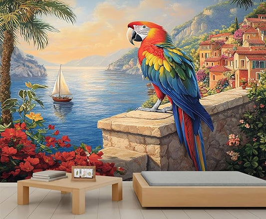 KIREUPA Macaw Parrot Wall Mural, Coastal Mediterranean Parrot 3d Wall Murals, Sunset Seaside Village Scene Wallpaper Mural, for Living Room Bedroom Large Wallpaper Indoor Decor 197" W x124.8 H