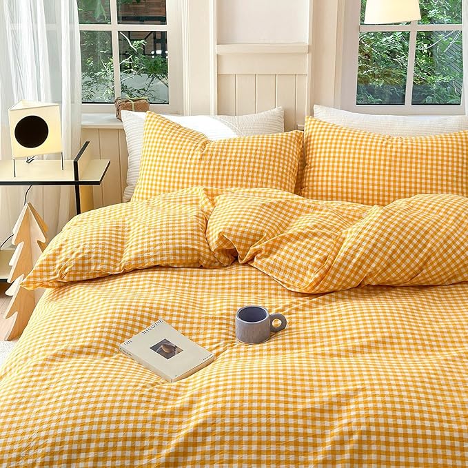 LifeTB Yellow Gingham Comforter King Comforter Set Geometric Checkered Plaid Bedding Comforter with 2 Pillowcases Fluffy Soft Lightweight Bedding Boho Grid Plaid Comforter Set King for All Seasons