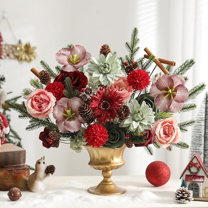 YYHUAWU Artificial Christmas Flowers Combo Box Set Fake Flowers Leaf with Stems for DIY Tree Ornaments Xmas Wreath Floral Arrangements Centerpieces