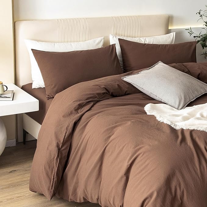 JIYUAN 100% Washed Cotton Duvet Cover Set 3 Pieces Super Queen, 1 Duvet Cover 90x98 Inches(Comforter Not Included) and 2 Pillowcases,Linen Feel Bedding Set Comfy and Breathable,Chocolate Brown