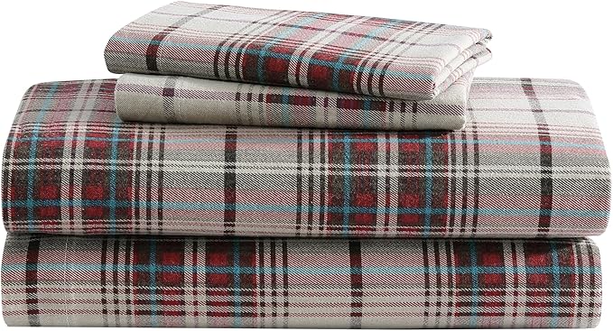 Eddie Bauer - Flannel Sheets Full Size, Anti-Pilling & Wrinkle Resistant Cotton, Touchably Soft for All-Season Comfort - Bed Sheets with Matching Pillowcases & Fitted Sheet (Montlake Plaid Red)