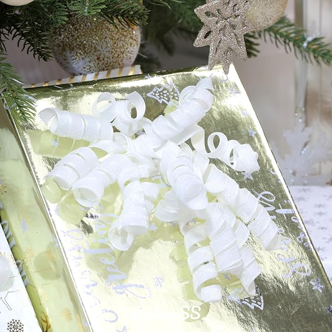 6" Metallic Glitter White Self Adhesive Curly Ribbon Gift Wrap Bows for Christmas, Holiday, Birthday, Wedding, Presents, Party Favors Decorations 6-Count