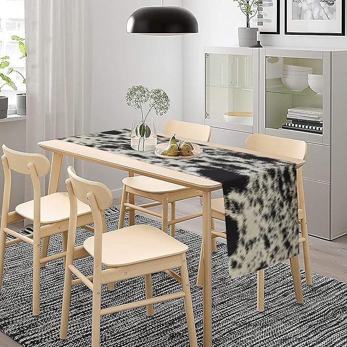 Cow Skin Print Table Runner, Rustic Country Farmhouse Animal Fur Skin Western Farm Black Cowhide Print Dinner Runner Table Decoration for Home Kitchen Dining 13x108in