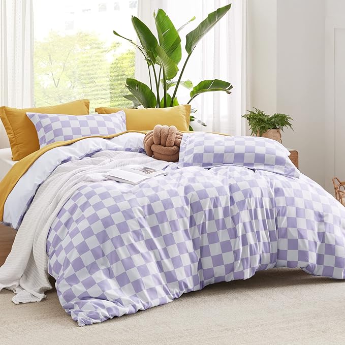 Bedsure Duvet Cover Twin Size - Reversible Checkered Duvet Cover Set with Zipper Closure, 2 Pieces Purple Bedding Set with 8 Corner Ties and 1 Pillow Sham 20"x26"