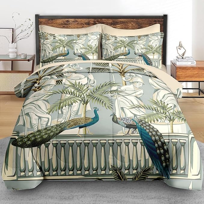 Comforter Set Full Size, Peacock Bird Animal 7 Pcs Bedding for Kids and Adults, Floral Botanical Grey Green Bed Sheet Sets with Fitted Sheet 2 Pillowcase & 2 Sham for Bedroom Bed Decor