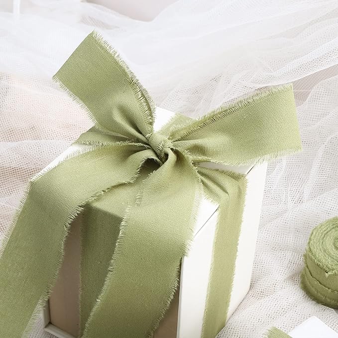 Sage Green Ribbon 1-1/2 x 15 Yards Handmade Cotton Frayed Fringe Fabric Ribbons for Crafts Flower Bouquets Wedding Baby Shower Home DIY Decor