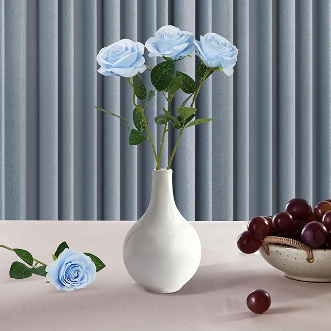 Flojery 10pcs Sky Blue Silk Roses Artificial Rose Flowers Long Stem for DIY Wedding Bouquet Table Centerpiece Home Décor