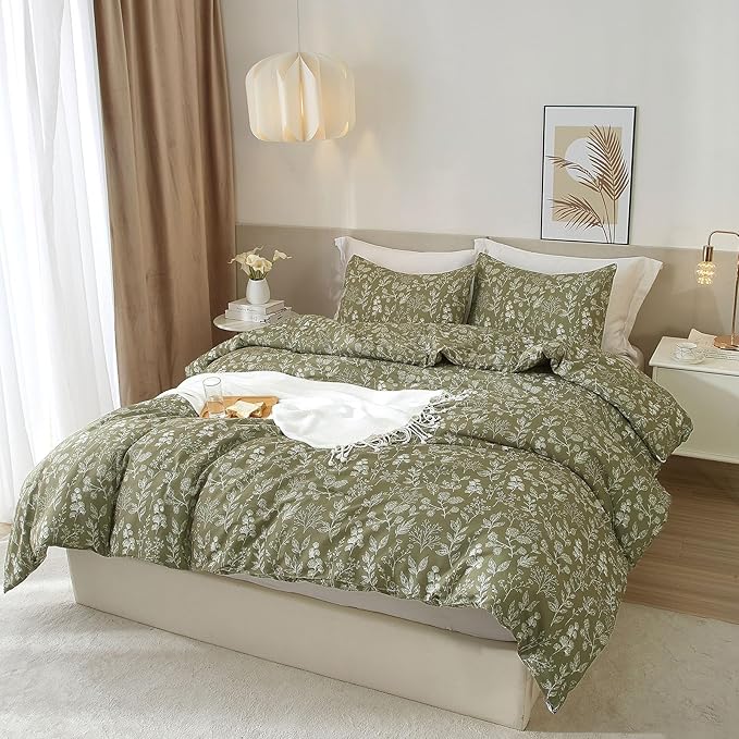 EAVD Fresh Garden Green Floral Duvet Cover King Soft Cotton Chic Shabby Small Cute Floral Botanical Bedding Set with 2 Pillowcases Reversible Green Floral Comforter Cover with Zipper Closure