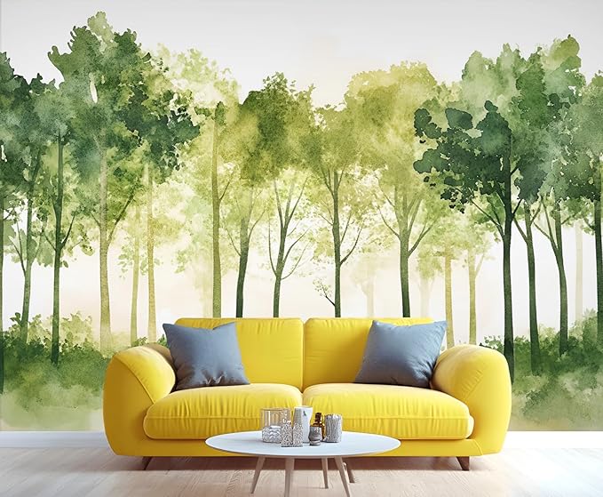 Watercolor Forest Wall Mural, Minimalist Forest Scene 3D Wall Murals, Nordic Nature Wallpaper Mural, for Living Room Bedroom Large Wallpaper Indoor Decor 59" W x39.4 H