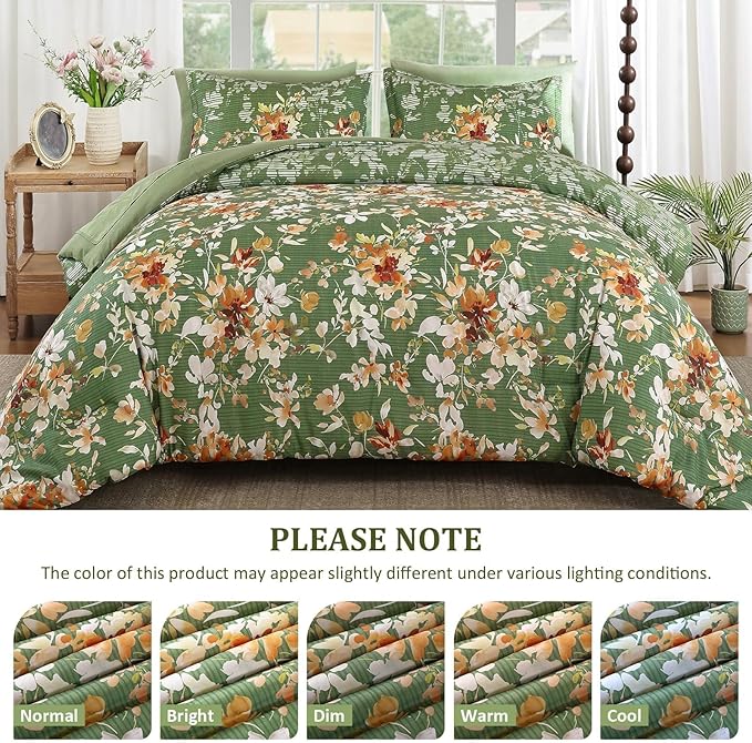 Dobuyly King Size Comforter Set, 7 Pieces Green Floral Comforter Set, Bed in a Bag King with Botanical Flowers Pattern, All Season Farmhouse Bedding Set with Sheets, Pillowcases & Shams
