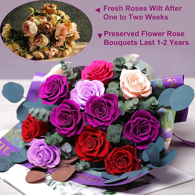 Lovenfold Flowers for Delivery Birthday Flowers Gift for Her,Preserved Flowers Bouquet 12 Roses Mixed Bouquet,Rose Gifts for Women Mom Grandma(Mixed 12 Purple-A Roses)
