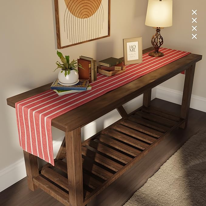 Encasa XO Cotton Dining Table Runner | Roma Red Stripes | Size 13x48 in - Machine Washable & Durable