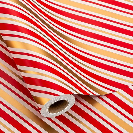 MAYPLUSS Christmas Stripe Wrapping Paper Roll - 17 Inch X 33 Feet - Classic Red Candy with Gold Diagonal Stripes Winter Holiday Gift Wrap for Weddings Birthday Party Showers and Scrapbooking