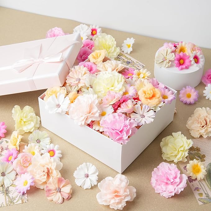 210 Pcs Mini Silk Flower Heads Small Fake Rose Daisy Faux Flowers Bulk for Crafts Artificial Loose Fabric Flowers Heads Sunflower Bulk for Wedding Hair Cap Dresses Decorations (Light Colors Mixed)