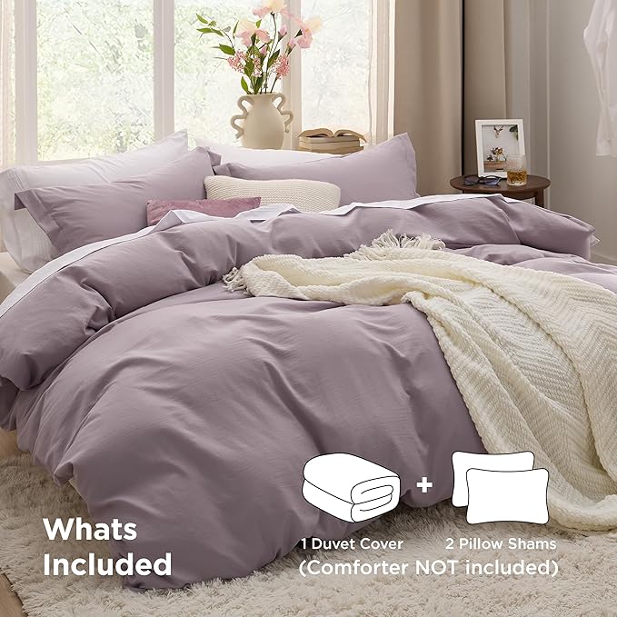 Bedsure Dusty Purple Duvet Cover Queen Size - 3 Pieces Prewashed Cotton-Like Extra Soft Bedding Set, Includes 1 Duvet Cover 90x90 Inches with Zipper Closure & 2 Pillow Shams, Comforter Not Included