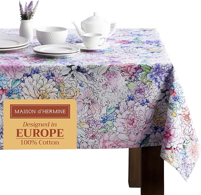 Maison d' Hermine Table Cloth Rectangle Table 100% Cotton 60 x 108 Inches Tablecloth Reusable Decorative for Dining Room, Farmhouse, Home, Party, Festive & Wedding Spring Summer - Floral Love
