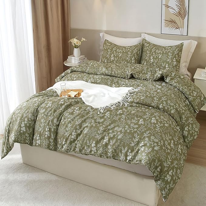 HighBuy Queen Size Duvet Cover Olive Green Floral Cottagecore Bedding Comforter Cover Queen 100% Soft Cotton Botanical Boho Duvet Cover Set Aesthetic 3 Piece Garden Style for Women Men