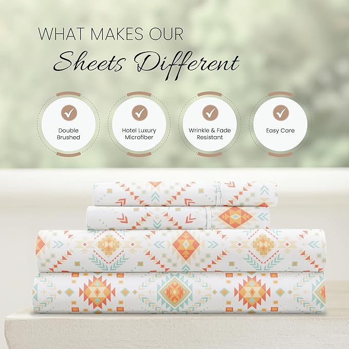 Linen Market Patterned Microfiber Queen Sheet Set 4 Piece – Oeko-TEX Certified Ultra Soft & Wrinkle-Free - 16" Deep Pocket Sheets - Easy Care Queen Size - Aztec Dreams Coral