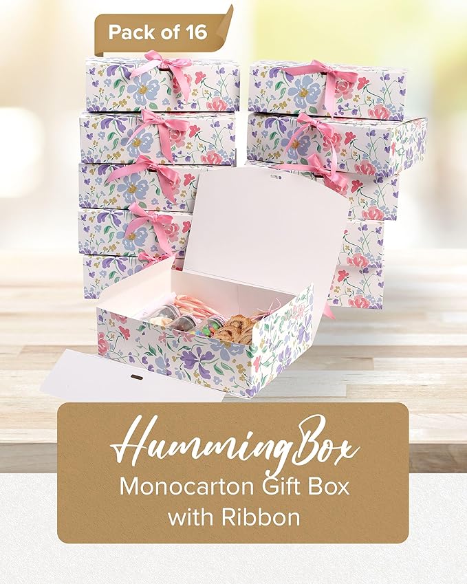HummingBox Floral Gift Box Set of 16 - Gift Boxes for Presents & gifting on weddings, birthdays & more - Easy to Assemble Floral Gift Boxes With Lids & Ribbon Closure - Decorative Boxes With Lids