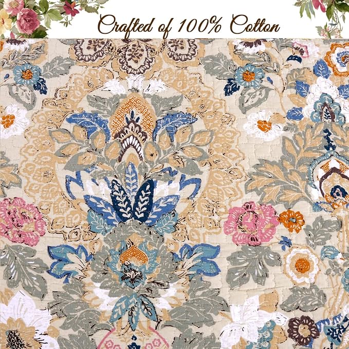 Cozy Line Home Fashions Luxury Classic Bedding Quilt Set, 100% Cotton Beige Blue Floral Pink Flower Bohemian Style Reversible Bedspread Coverlet (Art Painting, King - 3 Piece)
