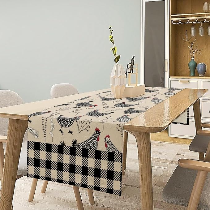 Farmhouse Rooster Table Runner Vintage Farm Funny Chicken Flower Dinner Runner for Country Farmhouse Home Kitchen Dinner Table Holiday Party Decoration 13x60in